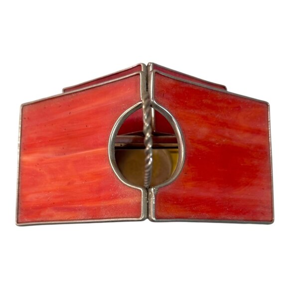Slag stained glass leaded Lantern Bird House Tea light Candleholder, Red and Amb - Picture 4 of 8